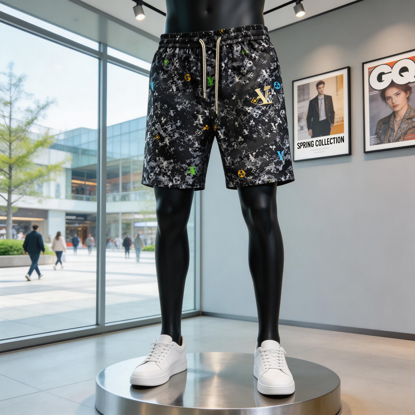 男士夏天高端欧货刺绣冰丝休闲短裤新款夏季潮牌薄款沙滩五分裤男