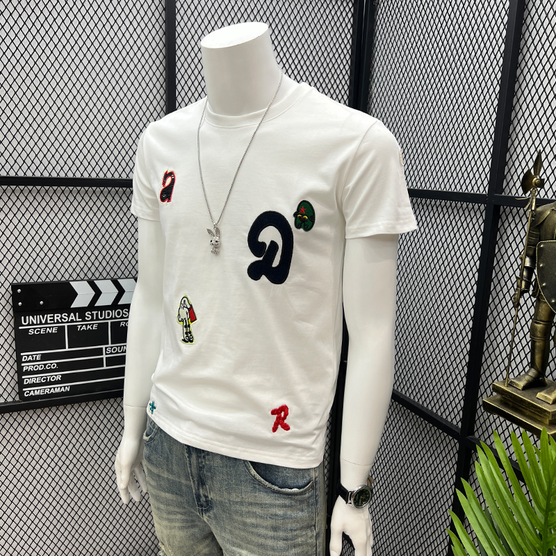 2026夏季新款男刺绣T恤宽松圆领青年半袖棉质舒适修身休闲短袖t恤