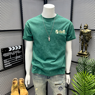 潮牌砂洗凉感五分袖 T恤男夏季 宽松休闲圆领上衣 刺绣冰丝短袖 美式