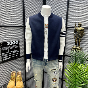 秋冬季潮牌tb棒球外套男撞色拼接四条杆拉链针织夹克开衫毛衣帅气