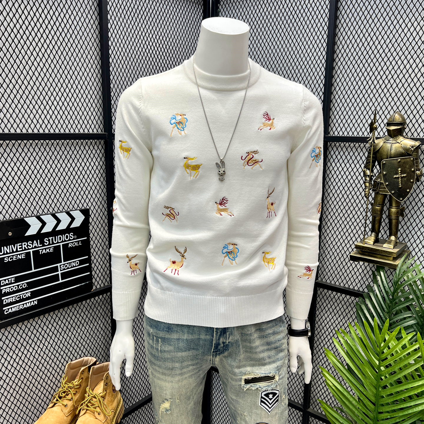 欧货潮牌高端刺绣毛衣男秋冬款青年潮流个性修身上衣圆领针织衫男