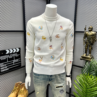 上衣圆领针织衫 修身 男 青年潮流个性 欧货潮牌高端刺绣毛衣男秋冬款