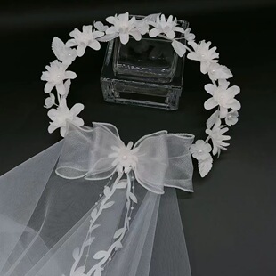 欧美白色新娘花环头带头纱婚庆蝴蝶结藤条珍珠婚庆派对单身头饰