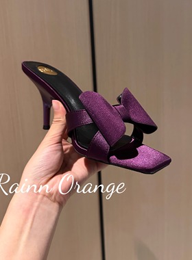 SY2025春夏方头露趾蝴蝶结高跟凉拖鞋百搭气质一字带坡跟黑色拖鞋