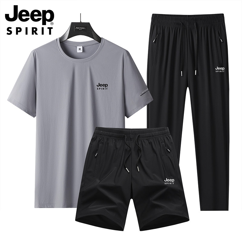 JEEP SPIRIT休闲运动套装男大码运动服冰丝短袖T恤速干长裤三件套