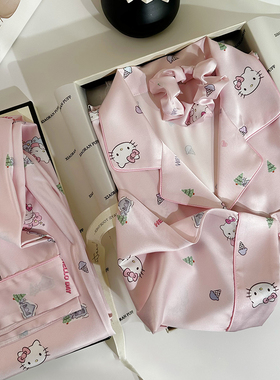 桑蚕丝卡通Kitty凯蒂猫真的睡衣女可爱家居服送闺蜜生日礼物盒装