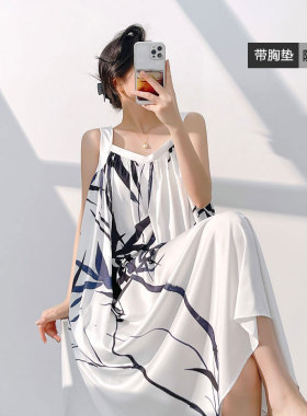 桑蚕丝吊带睡裙女新款带胸垫真丝长款复古风竹子提花睡衣宽松长裙
