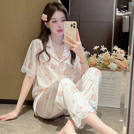 真丝睡衣女夏季薄甜美蕾丝水蜜桃短袖长裤三件套可外穿家居服套装