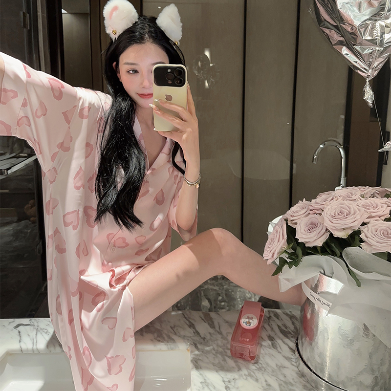 桑蚕丝2025年新款短袖睡裙女春夏季薄款真丝睡衣女豹纹爱心家居服