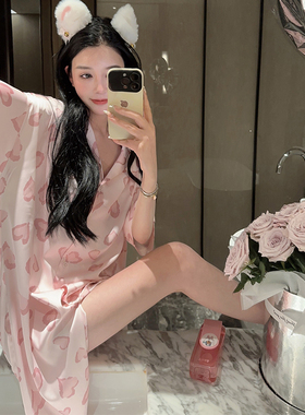 桑蚕丝2026年新款短袖睡裙女春夏季薄款真丝睡衣女豹纹爱心家居服
