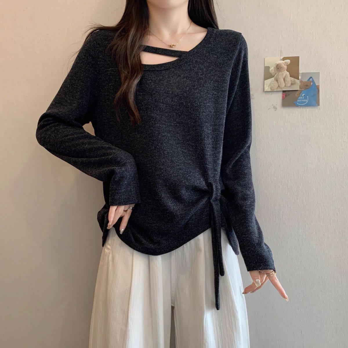 大码不规则系带针织打底衫女秋冬胖mm显瘦宽松遮肉设计感长袖上衣