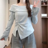 修身 大码 T恤女秋季 甜美蝴蝶结一字肩长袖 显瘦设计感上衣 胖mm法式