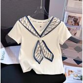 新款 丝巾拼接V领短袖 正肩t恤女别致修身 2025夏季 显瘦短款 系带上衣