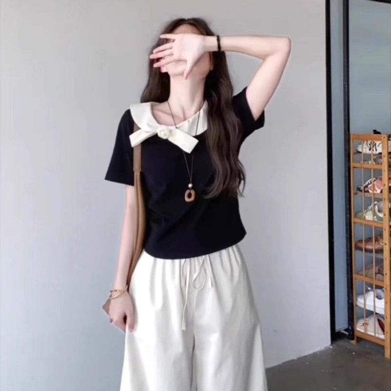 棉质法式娃娃领短袖t恤女夏季大码微胖MM显瘦设计感小众chic上衣