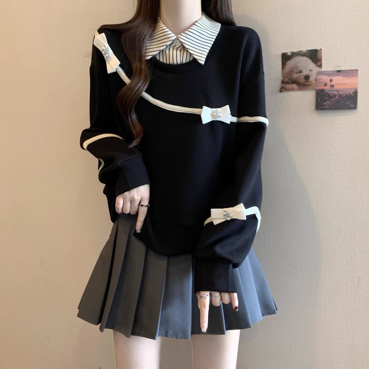 时尚洋气条纹衬衫假两件卫衣女秋季大码胖mm蝴蝶结长袖Polo领上衣