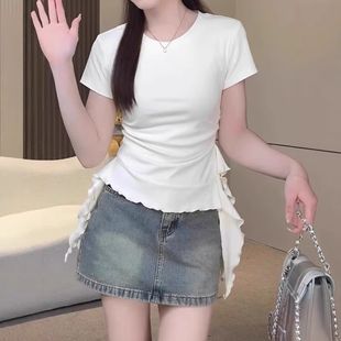 大码 气质显瘦正肩高级感上衣 胖mm棉质不规则荷叶边短袖 T恤女夏季