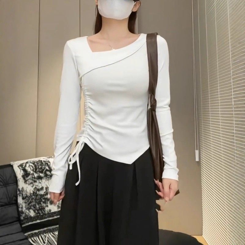大码女秋季不规则显瘦长袖T恤微胖mm显瘦修身高级感内搭打底上衣