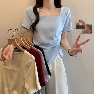 短袖 大码 高级设计感褶皱女款 胖mm新款 T恤 不规则方领别致上衣夏季