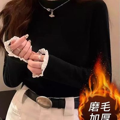 大码胖mm2026秋冬新款洋气半高领蕾丝花边打底衫加绒加厚修身T恤