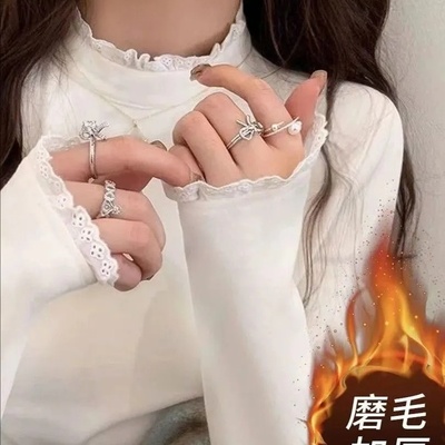 大码胖mm韩系磨毛加厚花边打底衫女秋冬内搭设计感洋气半高领上衣