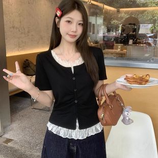 蕾丝拼接假两件T恤女甜美显瘦短袖 大码 时尚 胖mm2025夏季 上衣 新款