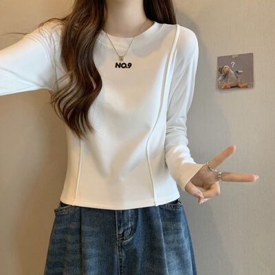 韩版立体字母鱼骨长袖t恤女小个子新款秋季新款修身拼接打底衫短