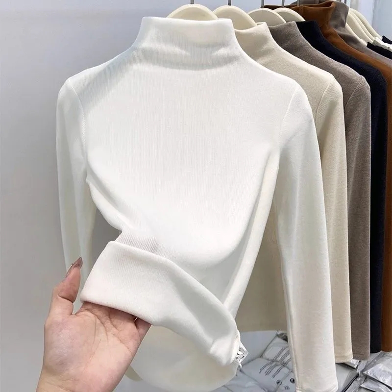 大码胖mm秋冬新款极简风白色长袖T恤女装立领显瘦百搭打底衫上衣