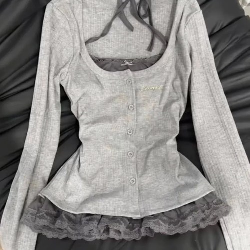 大码胖mm甜辣妹假两件T恤女春季修身气质设计感蕾丝拼接长袖上衣