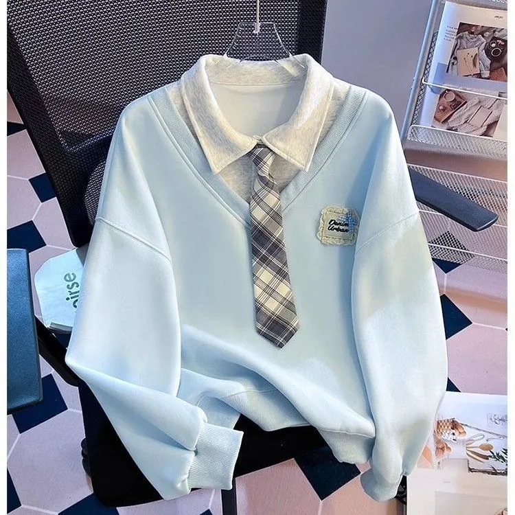 假两件领带polo领卫衣女春秋季2025新款爆款宽松无帽学院风上衣服