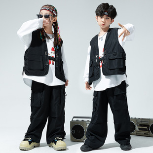 儿童街舞潮服男童嘻哈hiphop工装裤套装女童炸街爵士舞马甲三件套