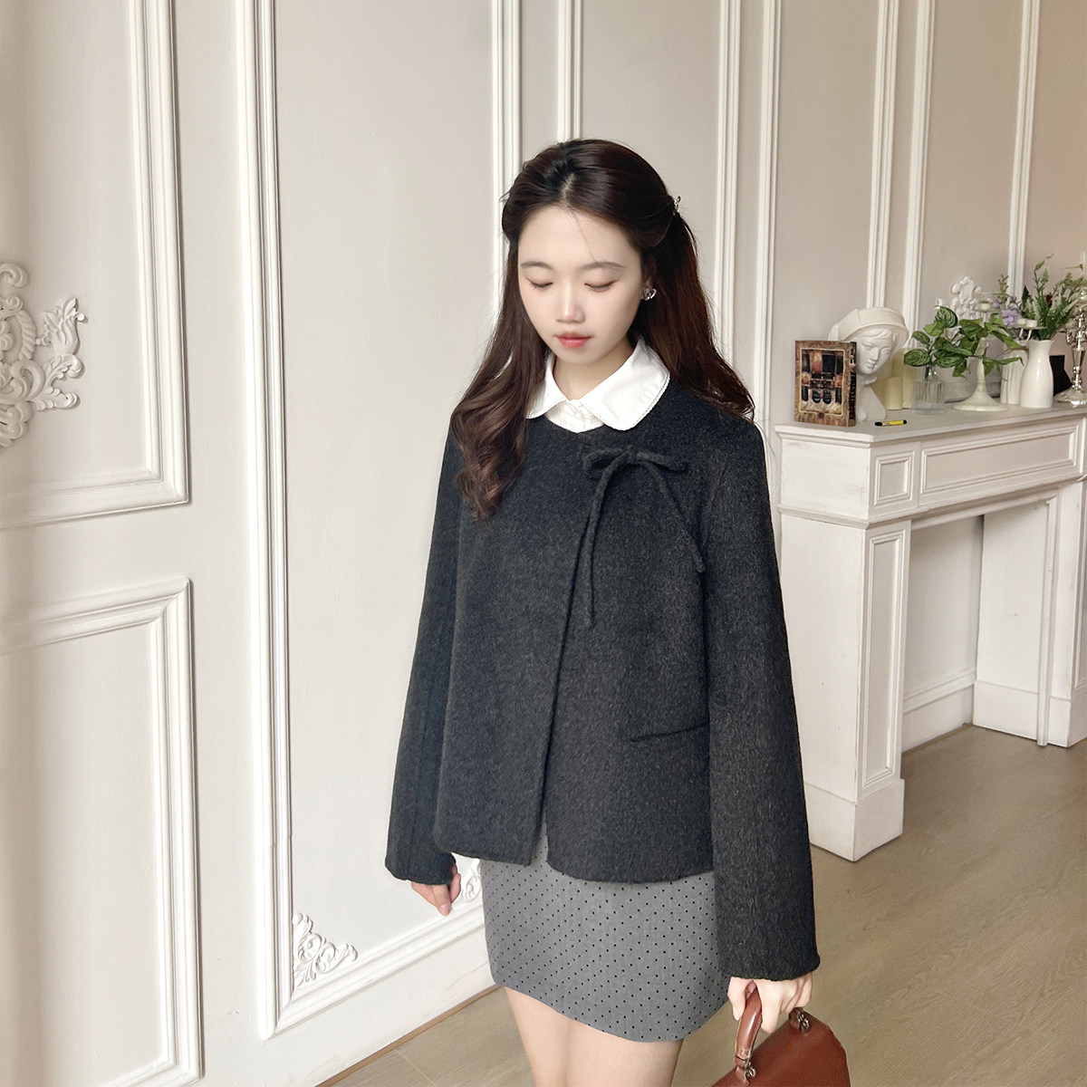 羊毛外套羊绒短款通勤系带