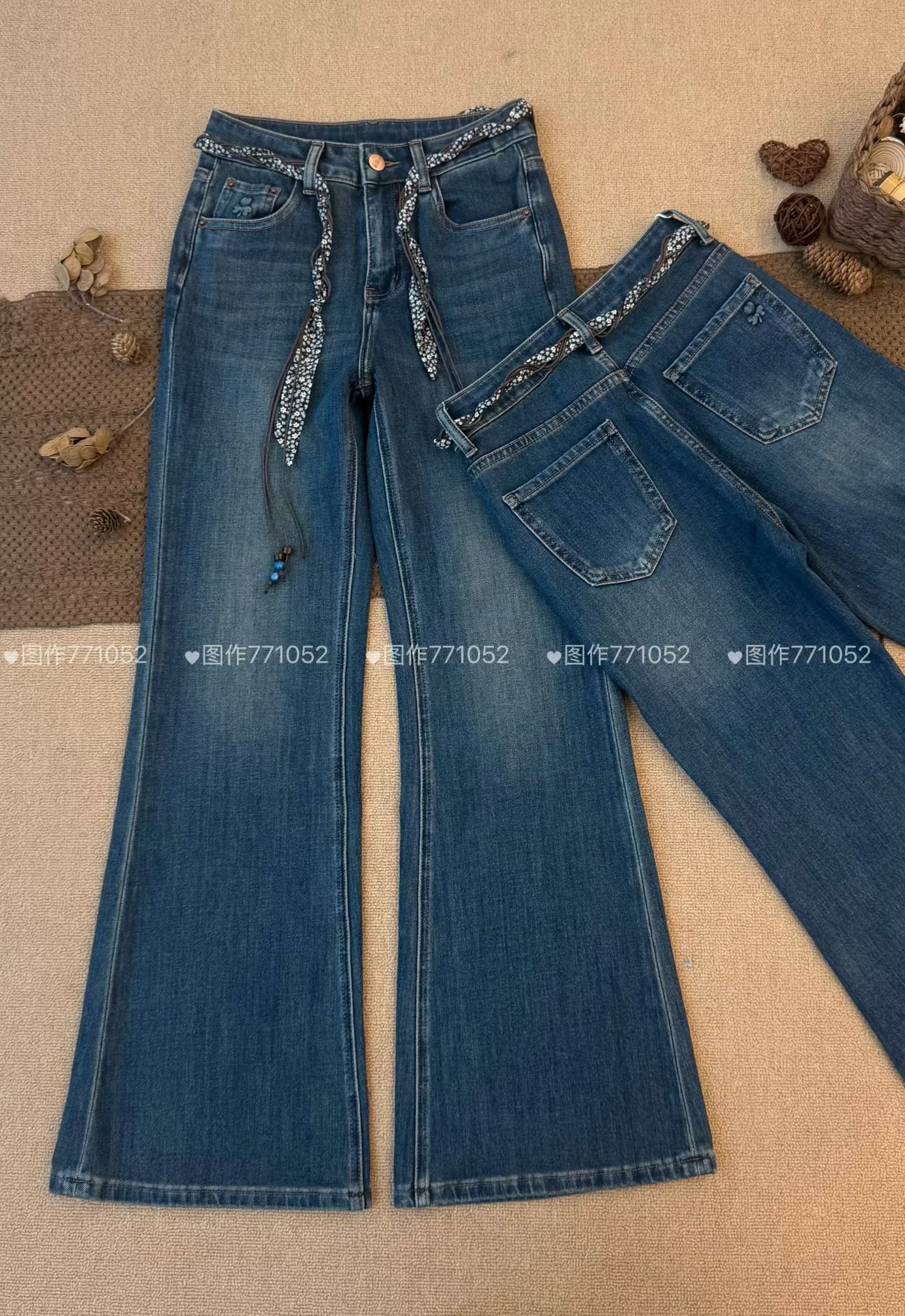 般田771052欧货牛仔裤女高腰显瘦微喇裤弹力牛仔复古喇叭裤女长裤