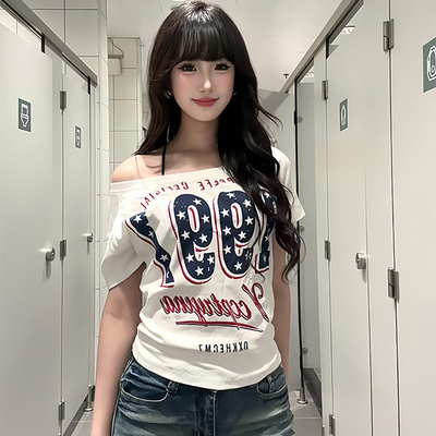 美式复古字母印花斜肩短袖t恤女