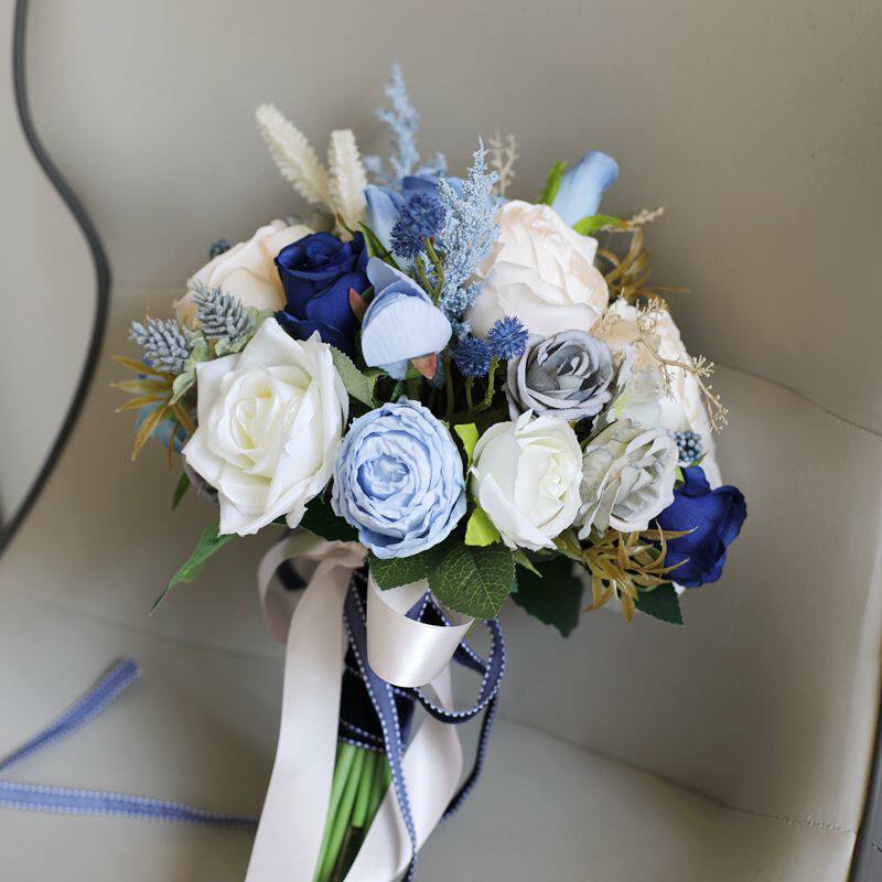 韩式欧式蓝色系仿真玫瑰新娘伴娘结婚手捧花婚纱写真拍摄道具花束