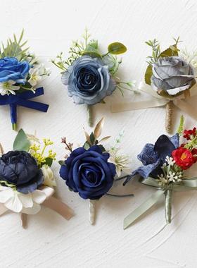蓝色仿真玫瑰新娘伴娘结婚手腕花新郎伴郎毕业开业活动宴会胸花
