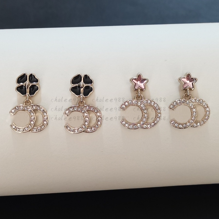 DINRO25P珐琅黑色四叶草粉钻星星耳钉女高级感爱心耳饰耳环银针