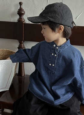 棉质简约春秋翻领套头秋季童衬衫