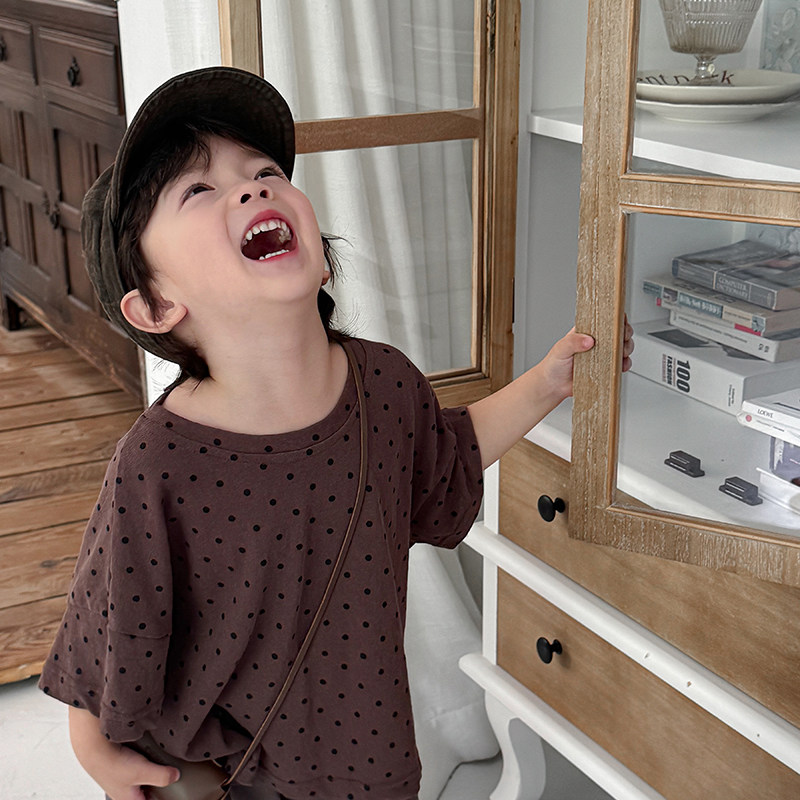 暮晨家新款夏装2025男童波点短袖T恤衫中小童森系五分袖上衣半袖