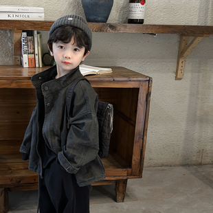 暮晨家新款春装2026男童做旧立领夹克中小童工装风帅气外套开衫
