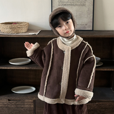 暮晨家新款冬装2025男童复合皮毛一体外套中小童森系羊羔毛夹克