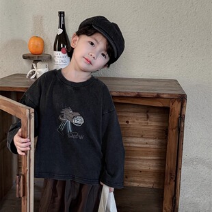 暮晨家新款春装2026男童卡通印花长袖T恤中小童做旧磨白圆领上衣