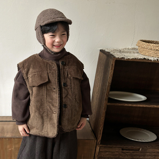暮晨家新款冬装2025男童灯芯绒工装马甲中小童森系羊羔毛外套背心
