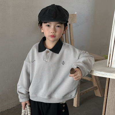 暮晨家新款秋装2026男童撞色领POLO衫中小童净色简约长袖卫衣上衣