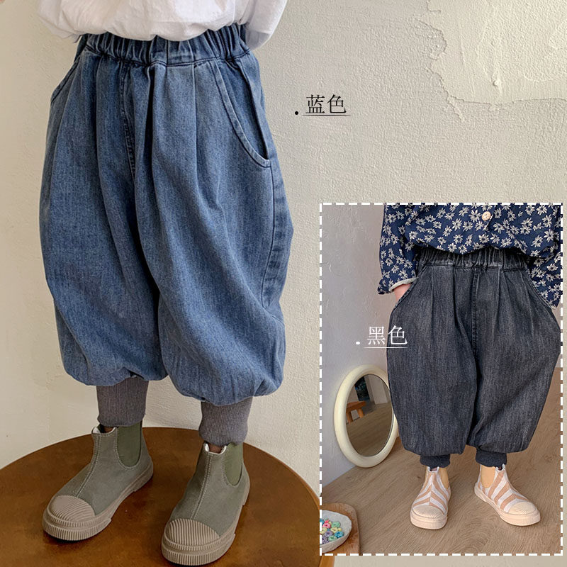 男童2023春秋新款纯色全棉牛仔马裤中小童洋气潮版阔腿灯笼九分裤