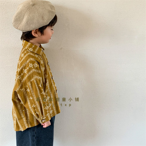 全棉森系复古春秋翻领碎花童衬衫