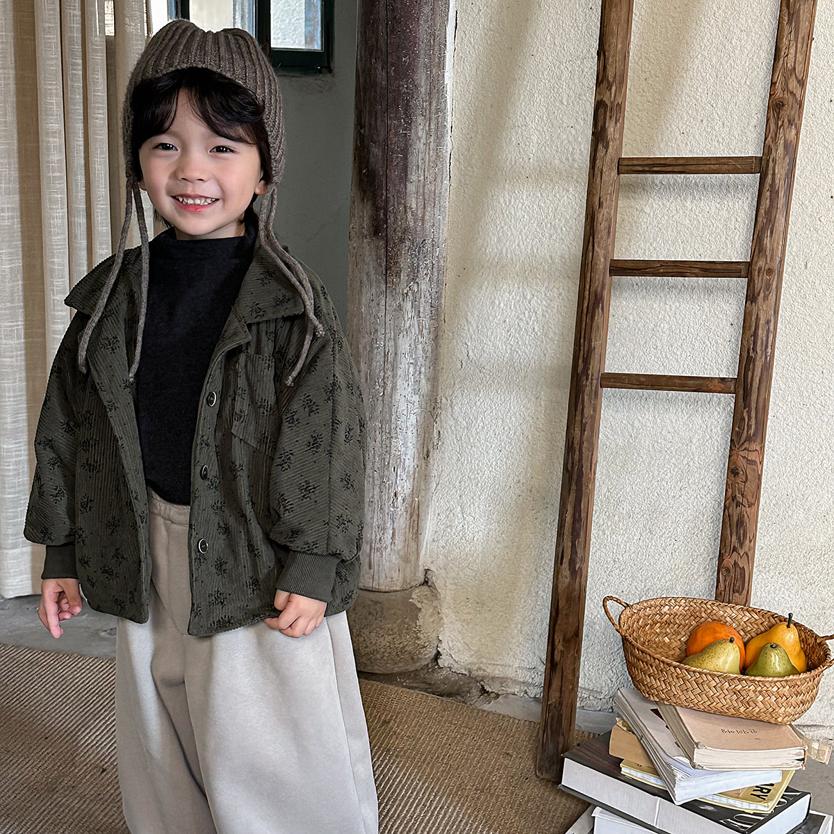 暮晨家新款冬装2024男童加绒碎花灯芯绒衬衫中小童加厚森系风外套