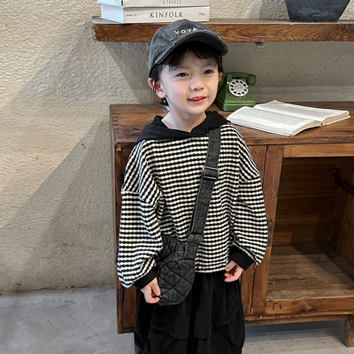暮晨家新款春装2026男童条纹连帽卫衣中小童森系复古帽衫套头毛衣