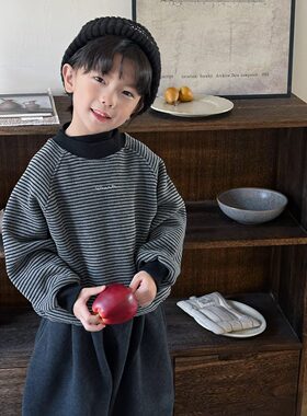 暮晨家新款冬装2025男童一体绒条纹字母卫衣中小童加厚套头衫上衣