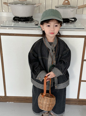 韩系牛仔两件套春秋季童套装拼色