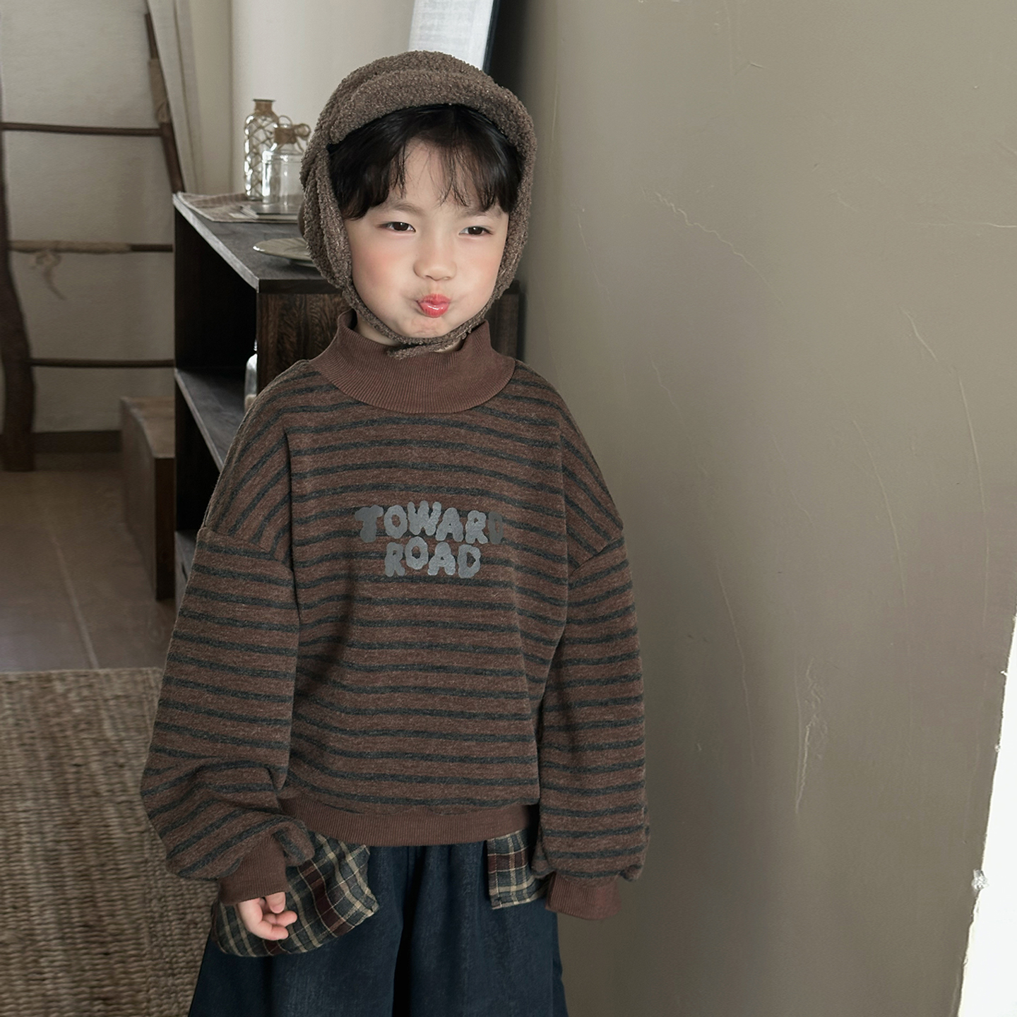 暮晨家新款冬装2025男童一体绒高领卫衣中小童加厚保暖条纹上衣